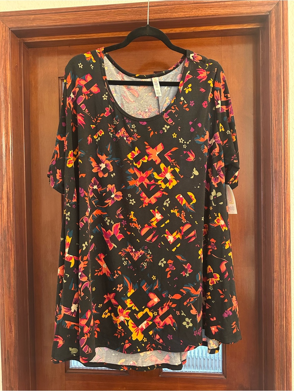 LuLaRoe Black Scoop Neck Tunic with Bright Floral Print